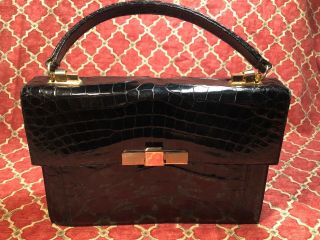 Vintage 1960s Rare Caiman Black Leather Skin Handbag Bag Purse