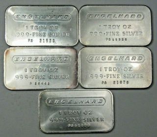 5 Vintage Engelhard.  999,  Fine Silver Bars.  1 Troy Oz Each.  19