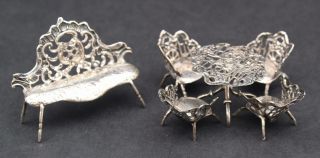 Antique Miniature 800 Silver Doll House Furniture,  4 Chairs,  Table & Loveseat