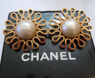 Vintage Signed Chanel Gold Tone Faux Pearl Clip Earrings