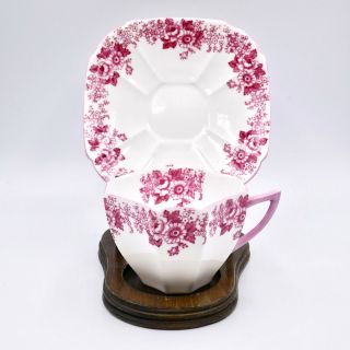 Shelley Rose & Daisy Cup Saucer 13935 Queen Anne Multi Sided Pink Floral Vintage