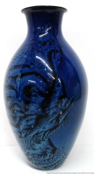 Awesome Artist Signed Vintage Tall Blue Hand Blown Studio Art Glass 9.  75in Vase