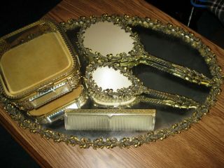 Vintage 5 - Piece Vanity Set Gold - Tone Tray Brush Comb Hand Mirror Box
