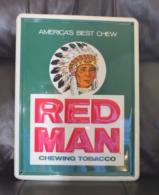 Vintage Metal Tin Embossed Indian Red Man Tobacco Sign - Not Porcelain