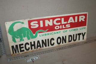 Rare Vintage 40 " Sinclair Oils Mechanic On Duty Painted Metal Sign Gas Oil Dino