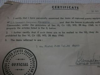 WW2 U.  S.  ARMY SOLDIER CAPTURED ENEMY MILITARY EQUIPMENT CERTIFICATE OCT.  15 1945 2