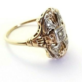 Antique Art Deco Filigree Solid 14k Yellow And White Gold Diamond Ring Size 6.  5