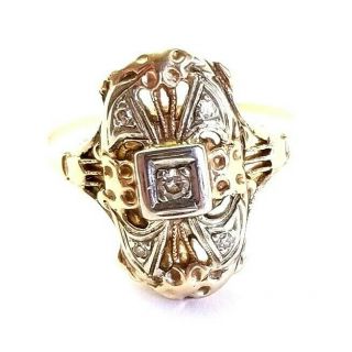 Antique Art Deco Filigree Solid 14k Yellow And White Gold Diamond Ring Size 6.  5 5