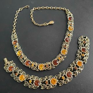 Signed Coro Vintage Amber Rhinestone Necklace & Bracelet Set Gold Tone N69