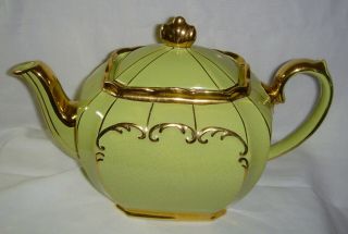 Lovely Vintage Sadler Cube Shaped Lime Green Teapot With Gold Gilding