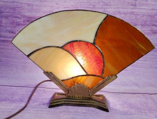 Stained Glass Fan Lamp Orange White Brass Seashell Base Art Deco Vintage Mcm Bmi