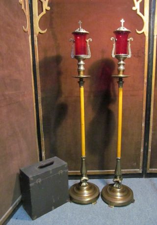 Vintage Funeral Ornate Vigil Candles Casket Candlesticks Red Glass Votives