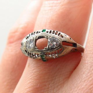 Antique Art Deco 585/14k Gold Old Miner Diamond 0.  30ct Emerald Gem Filigree Ring