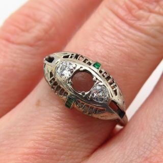 Antique Art Deco 585/14K Gold Old Miner Diamond 0.  30ct Emerald Gem Filigree Ring 5
