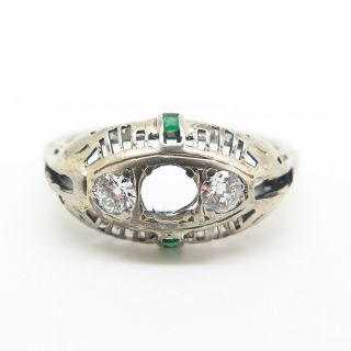 Antique Art Deco 585/14K Gold Old Miner Diamond 0.  30ct Emerald Gem Filigree Ring 6