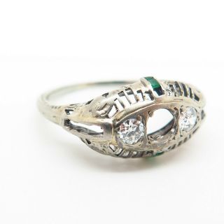 Antique Art Deco 585/14K Gold Old Miner Diamond 0.  30ct Emerald Gem Filigree Ring 8