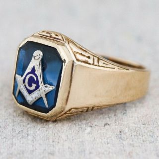 Vintage Art Deco Masonic 10k Yellow Gold Sapphire Blue Glass Signet Ring Sz 10