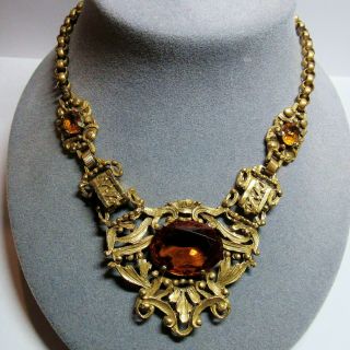 Antique Vintage Art Nouveau Czech Gilded Brass Glass Stone Belcher Link Necklace