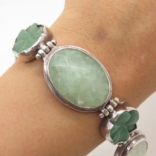 Vtg Af 925 Sterling Silver Real Jade Gemstone Floral Link Bracelet 7 "