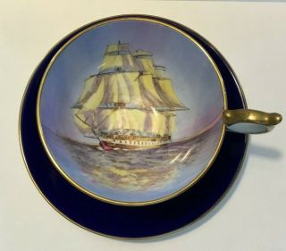 Vintage Aynsley Cobalt Blue/gold Trim " Tall Ship " Signed Cup & Saucer