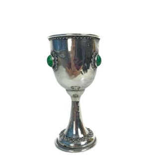 Vintage Israeli Sterling Silver Green Cabochon Kiddush Cup Goblet Footed Judaica