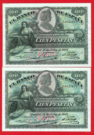 Rare,  Consecutive Numbers,  Xf,  /xf,  100 Pesetas,  1907  Alegorias  Spain