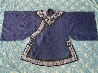 Antique Chinese Embroidered Silk Robe Purple Damask Figural Embroidery Animals 2
