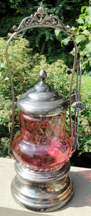 Cranberry “ivt” Bulbous Base Pickle Castor In Monarch Silver Plate Frame