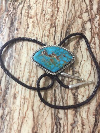 Vintage Native American Navajo Sterling Sivler And Turquoise Stone Bolo