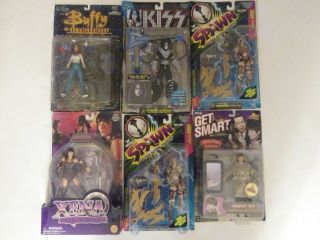 6 Vintage 90s Action Figures Noc Spawn Buffy Kiss Xena Get Smart