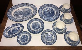 Vintage Liberty Blue England 1976 Staffordshire 25 Pc 14 Platter Plates Cups