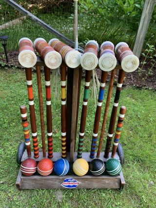 Vintage Forsters Skowhegan Croquet Set With Wheeled Cart Stand 6 Player