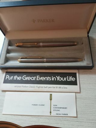 Vintage Parker 75 Sterling Silver Cisele Fountain Pen Pencil Set Made In Usa