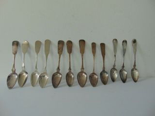 12 Antique Coin Silver Teaspoons - Early To Mid 19th Century