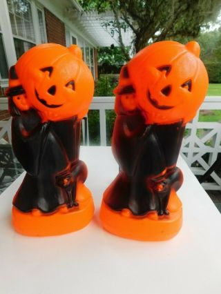 2 Vtg Halloween Blowmold House Decorations Light - Up Witches Cat Jack - O - Lanterns