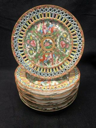 Set 8 Antique Chinese Export Famille Rose Medallion Reticulated Plate 7 3/8 