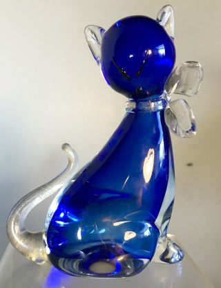 Vintage Alfredo Barbini Murano Glass Cat Sculpture Cobalt Blue With Gold