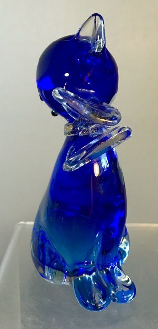 Vintage Alfredo Barbini Murano Glass Cat Sculpture Cobalt Blue With Gold 2