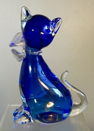 Vintage Alfredo Barbini Murano Glass Cat Sculpture Cobalt Blue With Gold 3