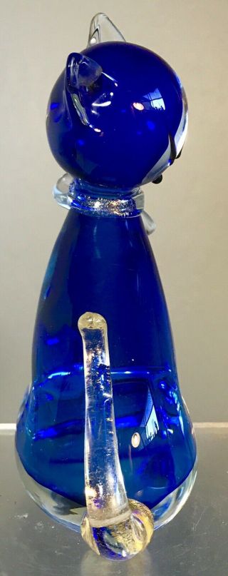 Vintage Alfredo Barbini Murano Glass Cat Sculpture Cobalt Blue With Gold 4