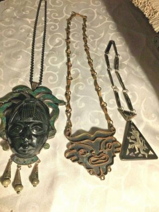 Vintage Carved Face Onyx With Malachite Taxco Mexico Plus 2 More