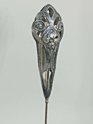 Omg Antique Vintage Art Nouveau Ornate Silver Hat Pin 8.  75 " Gorgeous