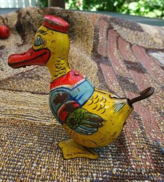 30s J Chein Walking Duck In Sailor Suit Tin Litho Wind - Up Toy