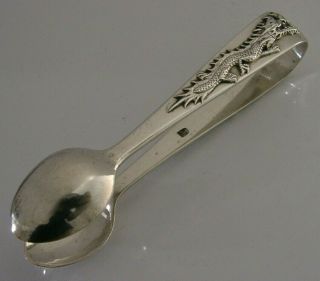 RARE HEAVY CHINESE EXPORT SILVER DRAGON SUGAR TONGS ANTIQUE c1900 37g 2