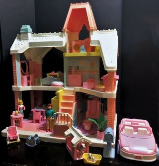 Rare Vintage Playskool Dollhouse W/ Family,  Pets,  Furniture,  Car And Accessories