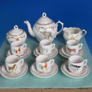 Rare Unmarked Rs Prussia China - Animal Transfers - 21 Piece Toy Child Tea Set