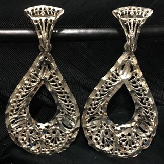 Vintage Estate Sterling Silver Diamond Cut Dangle Oval Hoop Earrings 1 3/4” Long