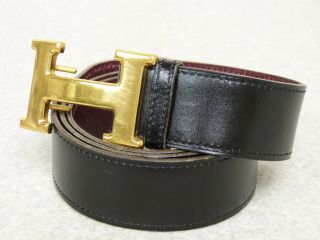 R5914 Auth Hermes Vintage H Belt Black Box Calf / Rouge Courchevel Leather Belt