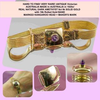 Very Rare Antique Victorian Australia Made Amethyst 9ct 9k Solid Gold Bracelet