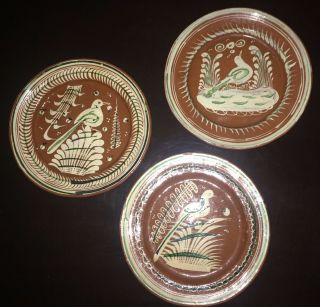 Vintage Hand Painted Mexican Pottery Plates (3) Birds Terra Cotta Green